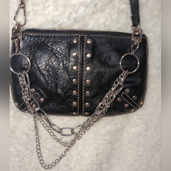 Michael Kors Black Leather Studs Shoulder Bag Silver Chains Mini Bag Grunge Punk - Picture 2 of 4